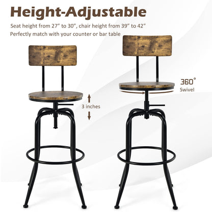 Industrial Bar Stool Set of 2 Vintage Adjustable Swivel Counter Height Kitchen Dining Chair with Arc-Shaped Backrest