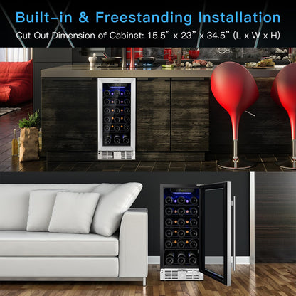 15 Inch Wine Cooler Refrigerator, 30 Bottles Stainless Steel Wine Cellar with Lock, Tempered Glass Door