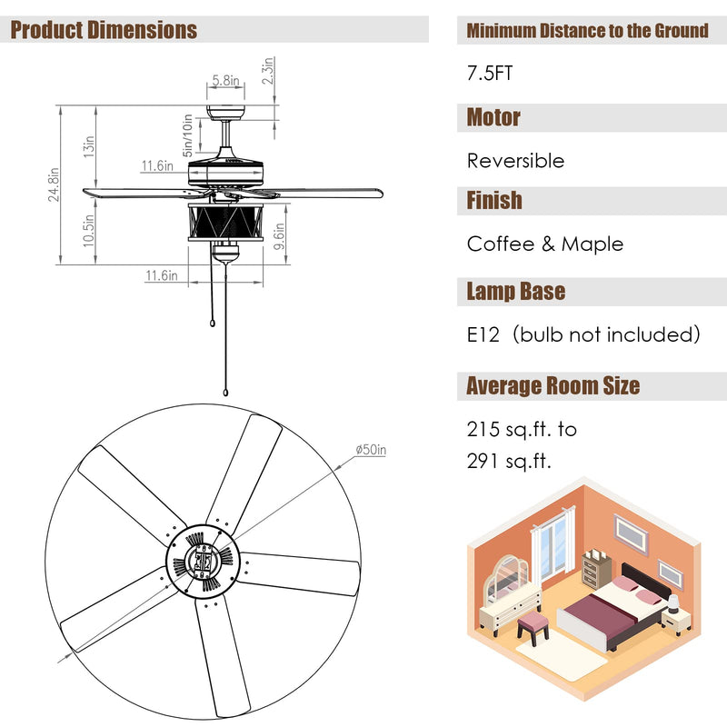 50-Inch Ceiling Fan with Lights, Indoor Ceiling Fan with Pull Chain Control, Mute Motor (Coffee)