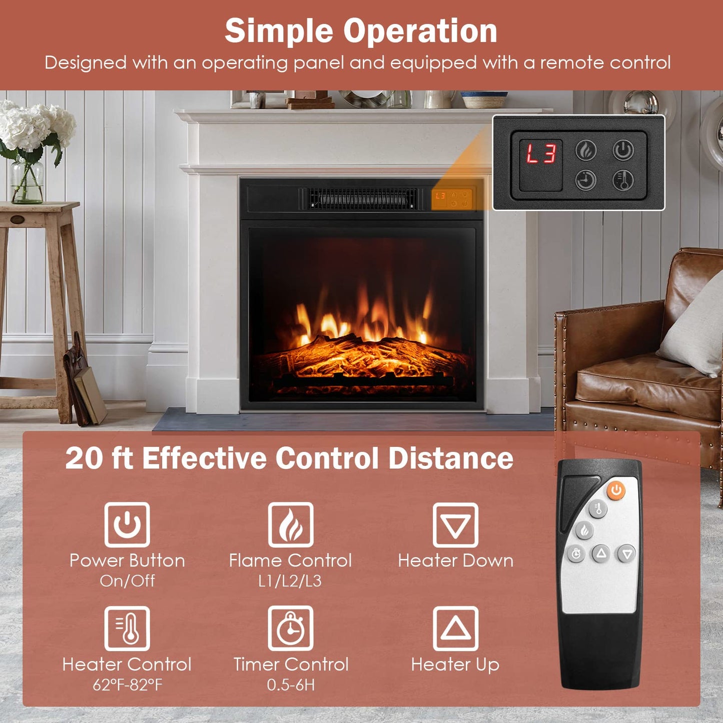 Electric Fireplace Insert 18-inch Wide, 1400W Recessed Fireplace Heater with Remote Control, 3 LED Flame Effects