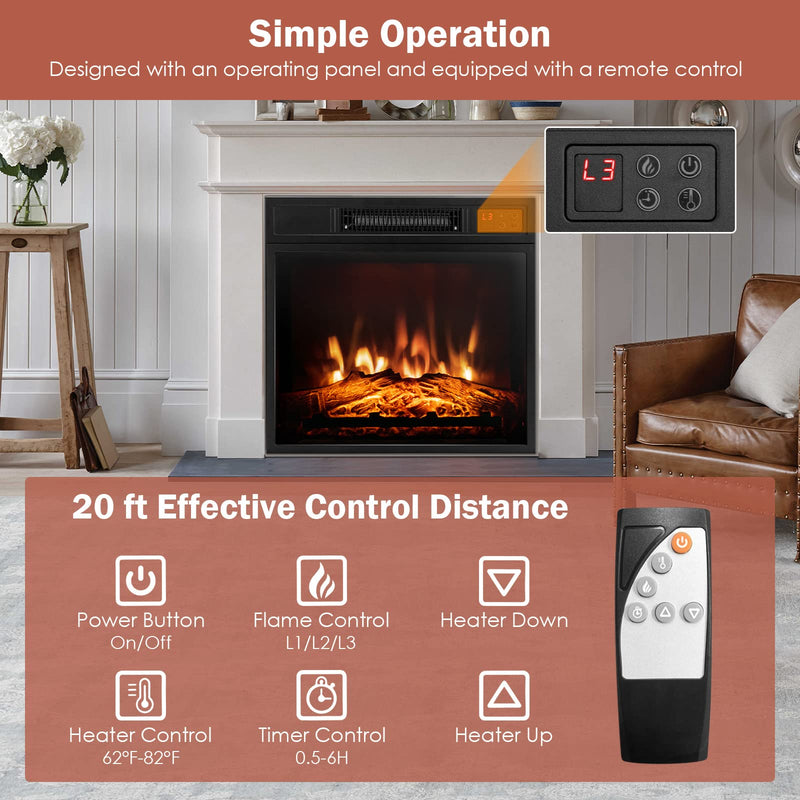 Electric Fireplace Insert 18-inch Wide, 1400W Recessed Fireplace Heater with Remote Control, 3 LED Flame Effects
