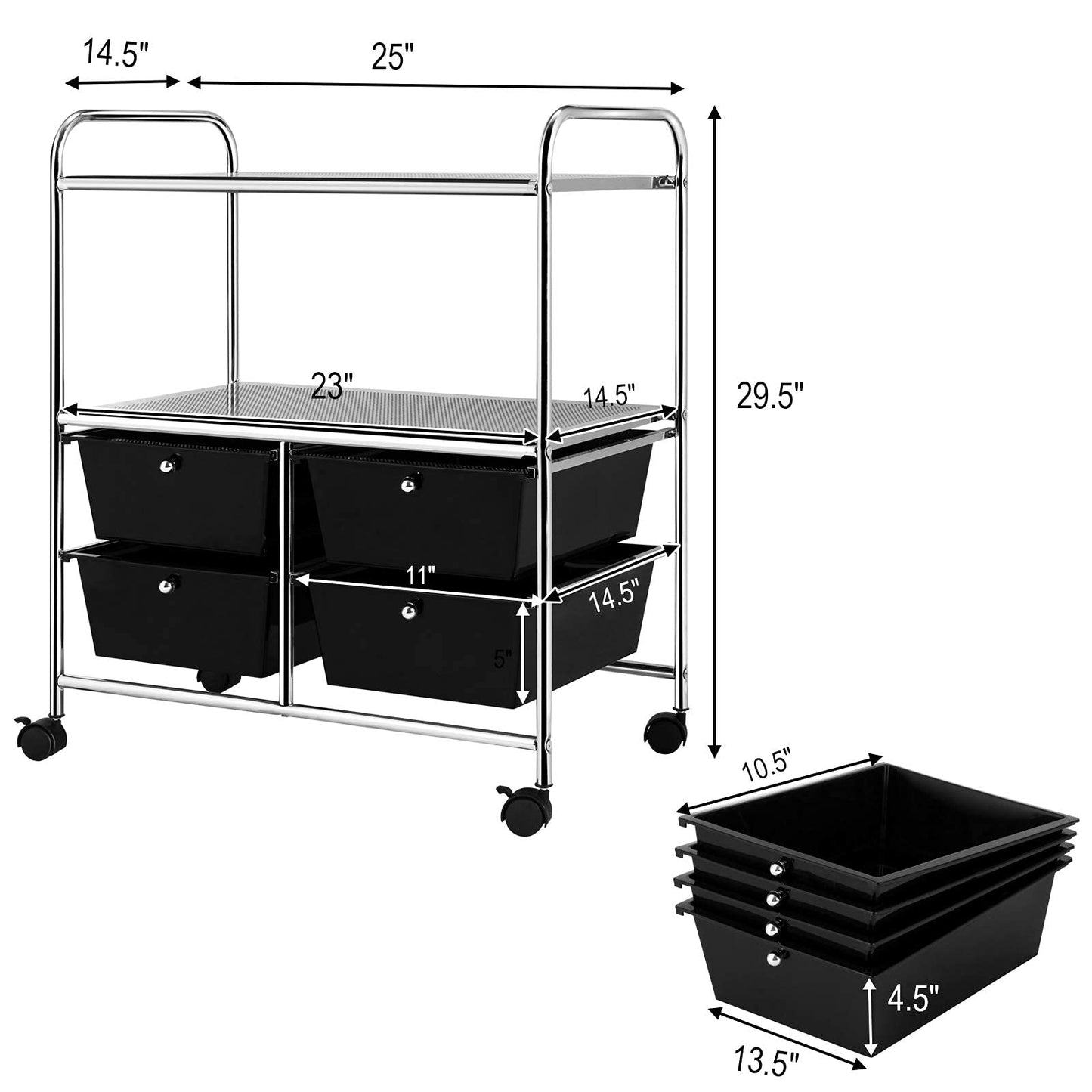 ARLIME 4-Drawer Storage Cart, 4 Drawer 2 Shelves Trolley, Rolling Organizer Cart