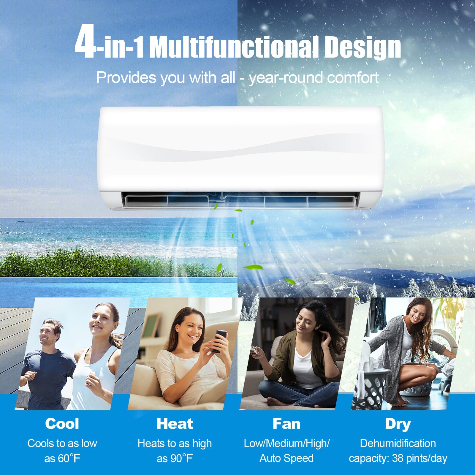 9000 BTU Mini Split Air Conditioner & Heater, 17 SEER2 208V-230V - Arlime