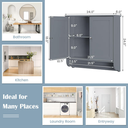 Bathroom Wall Cabinet Over The Toilet Storage Cabinet w/ 2 Doors Adjustable Shelf and Towel Bar