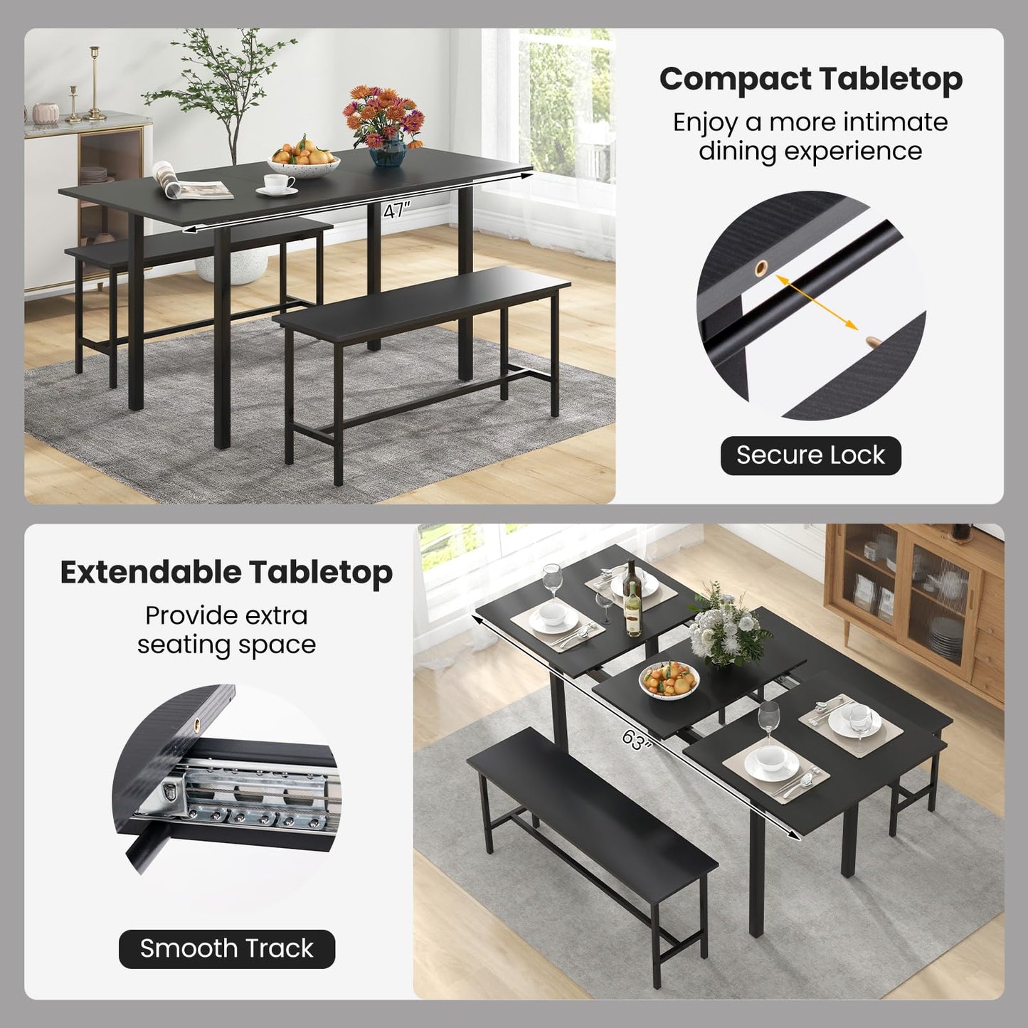 63” Extendable Kitchen Table Set with 2 Benches for Small Space