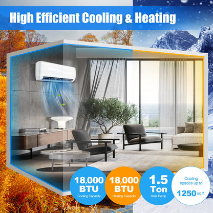 Mini Split Ac/Heating System - 18000BTU Mini Split Air Conditioner w/Heat Pump, 19 SEER2 208-230V Inverter Split AC Unit
