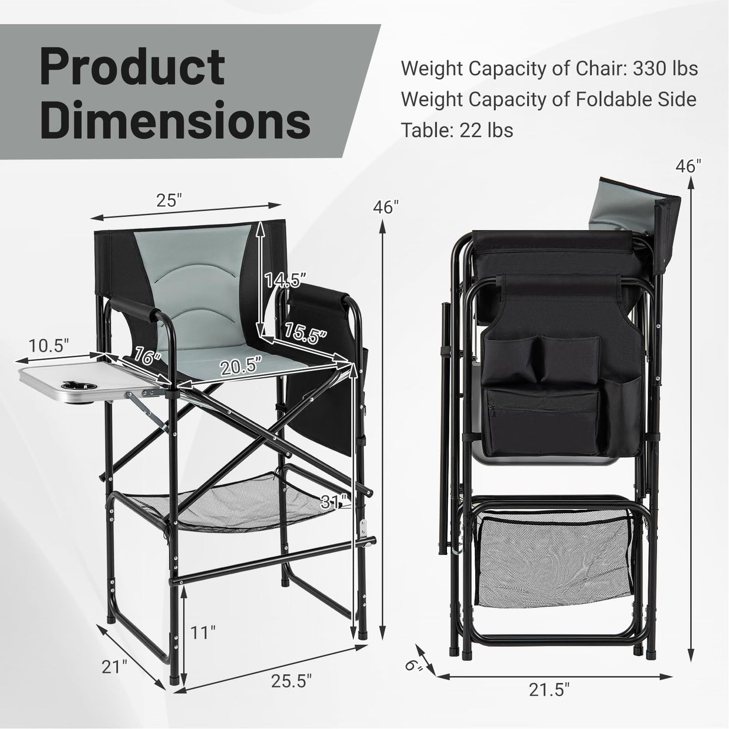 46" Tall Directors Chair Folding Makeup Artist Chair with Foldable Side Table & Footrest