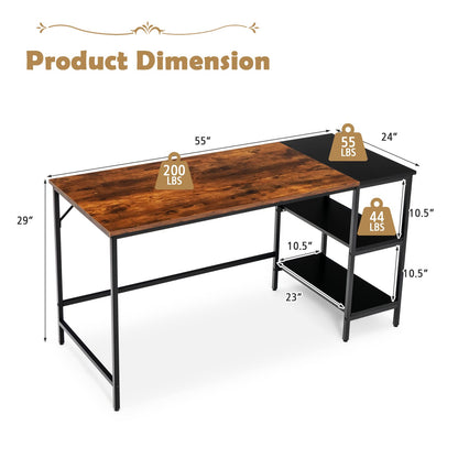 55 Inch Modern Industrial Style Study Writing Desk with 2 Storage Shelves