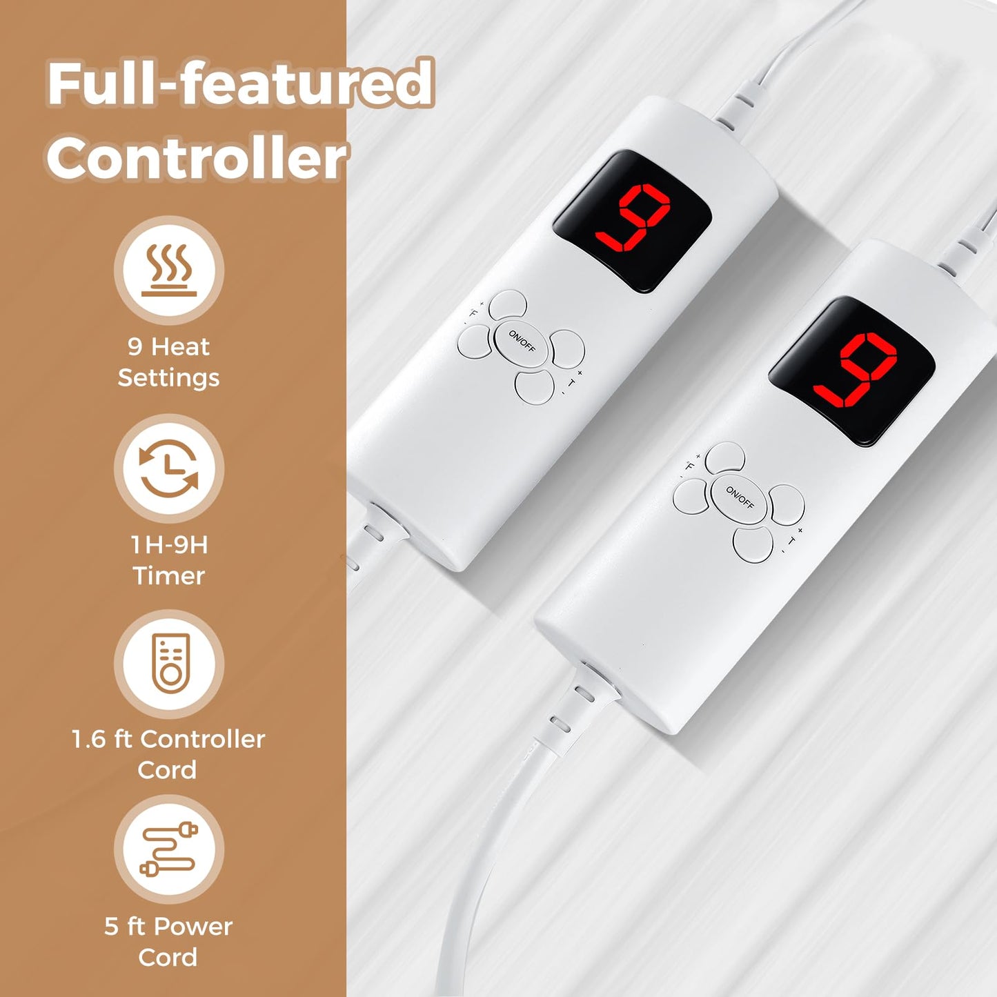 Machine Washable Electric Bed Warmer with Dual Controller 9 Heat Setting and 9-Hour Auto Off and Overheat Protection