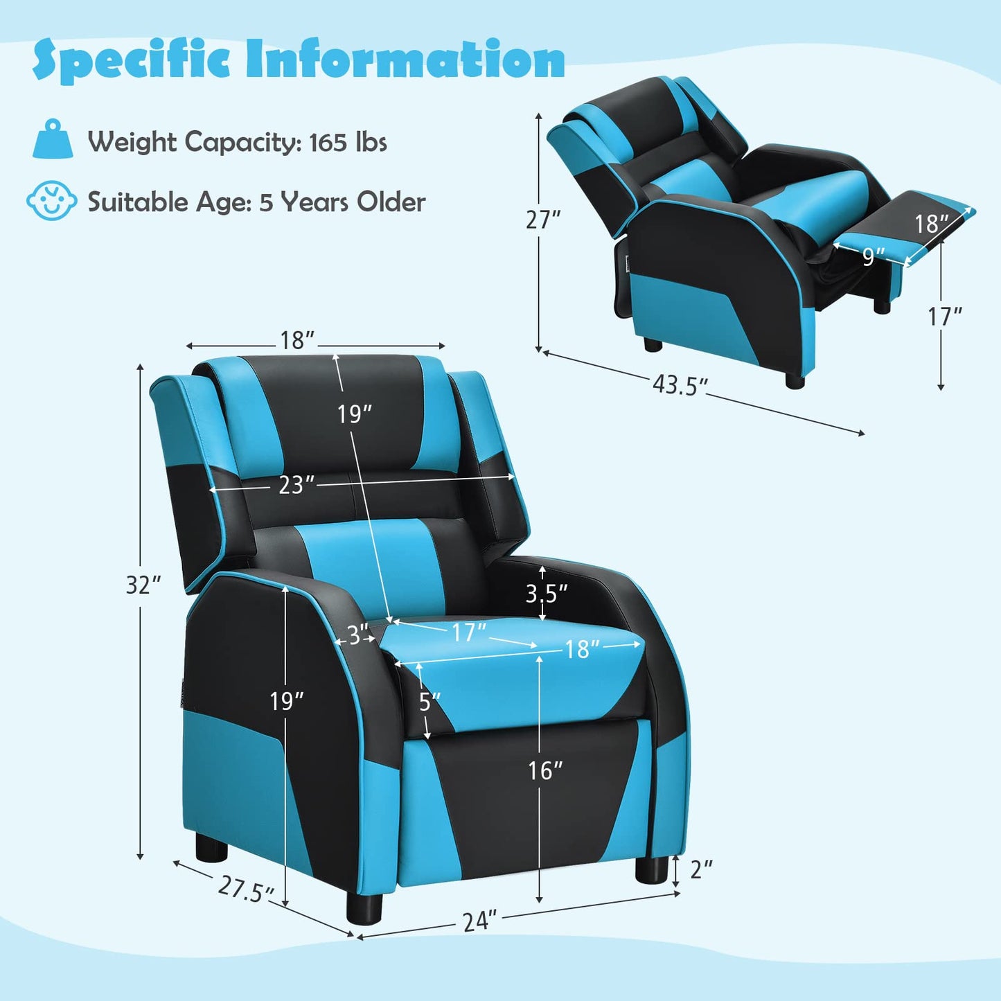 Toddler Leather Recliner with Adjustable Footrest & Headrest for Living Room