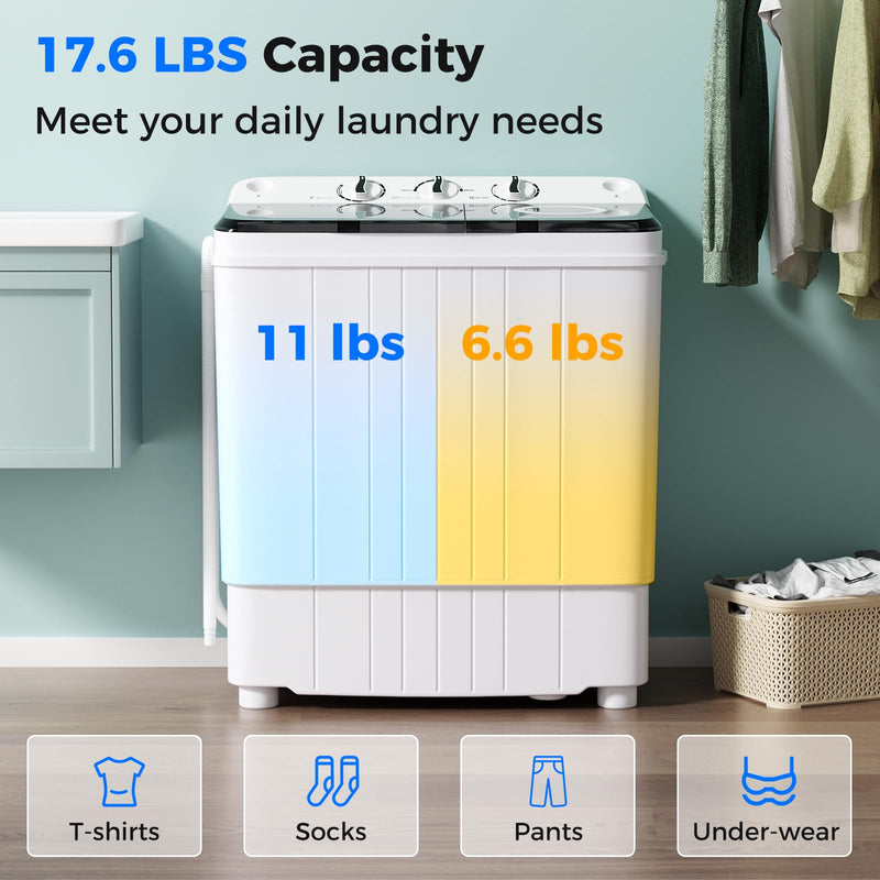 Portable Washing Machine, 17.6lbs Compact Portable Washer Twin Tub Combo with Pump Drain (Black & White)