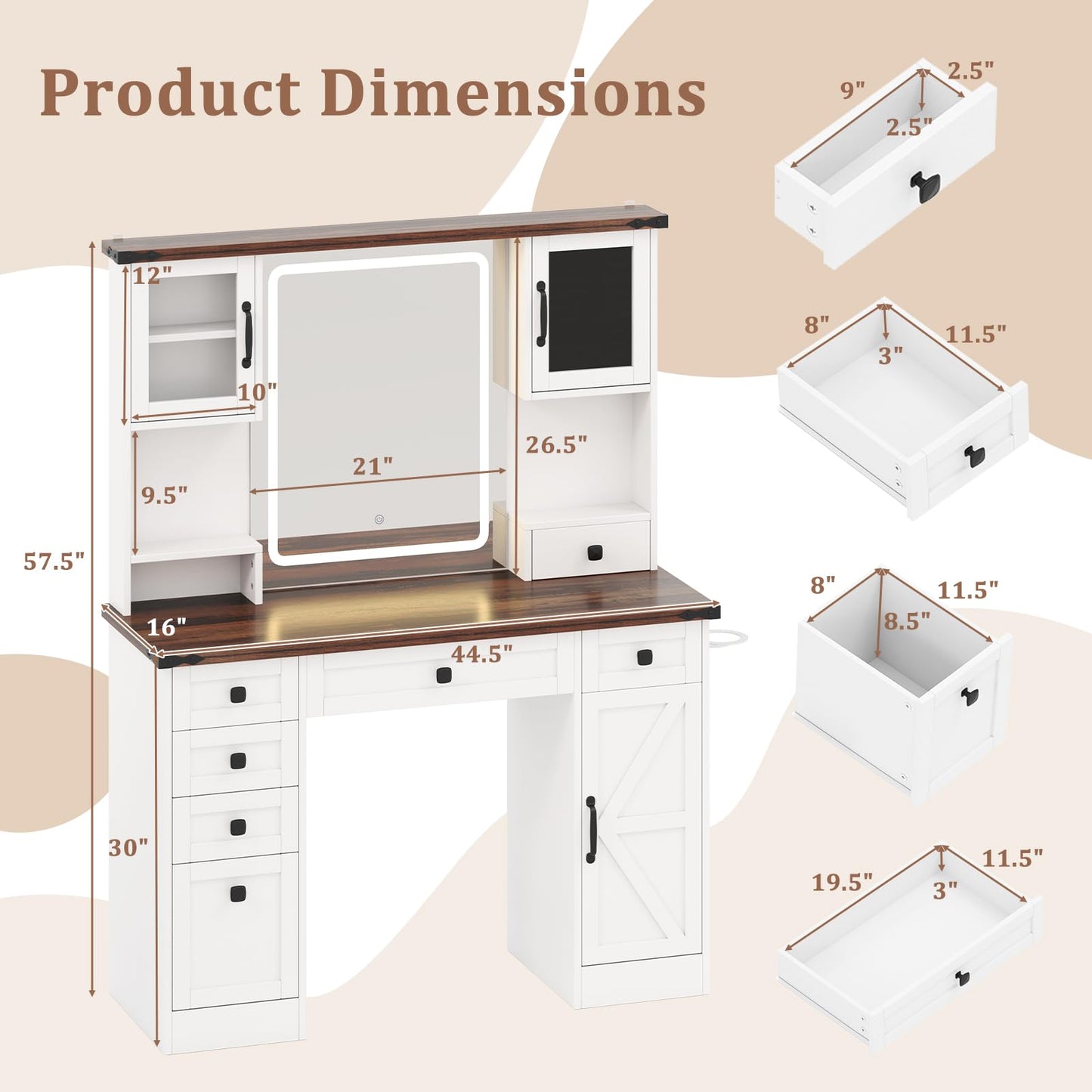 44.5'' Farmhouse Dressing Table w/Charging Station for Girls