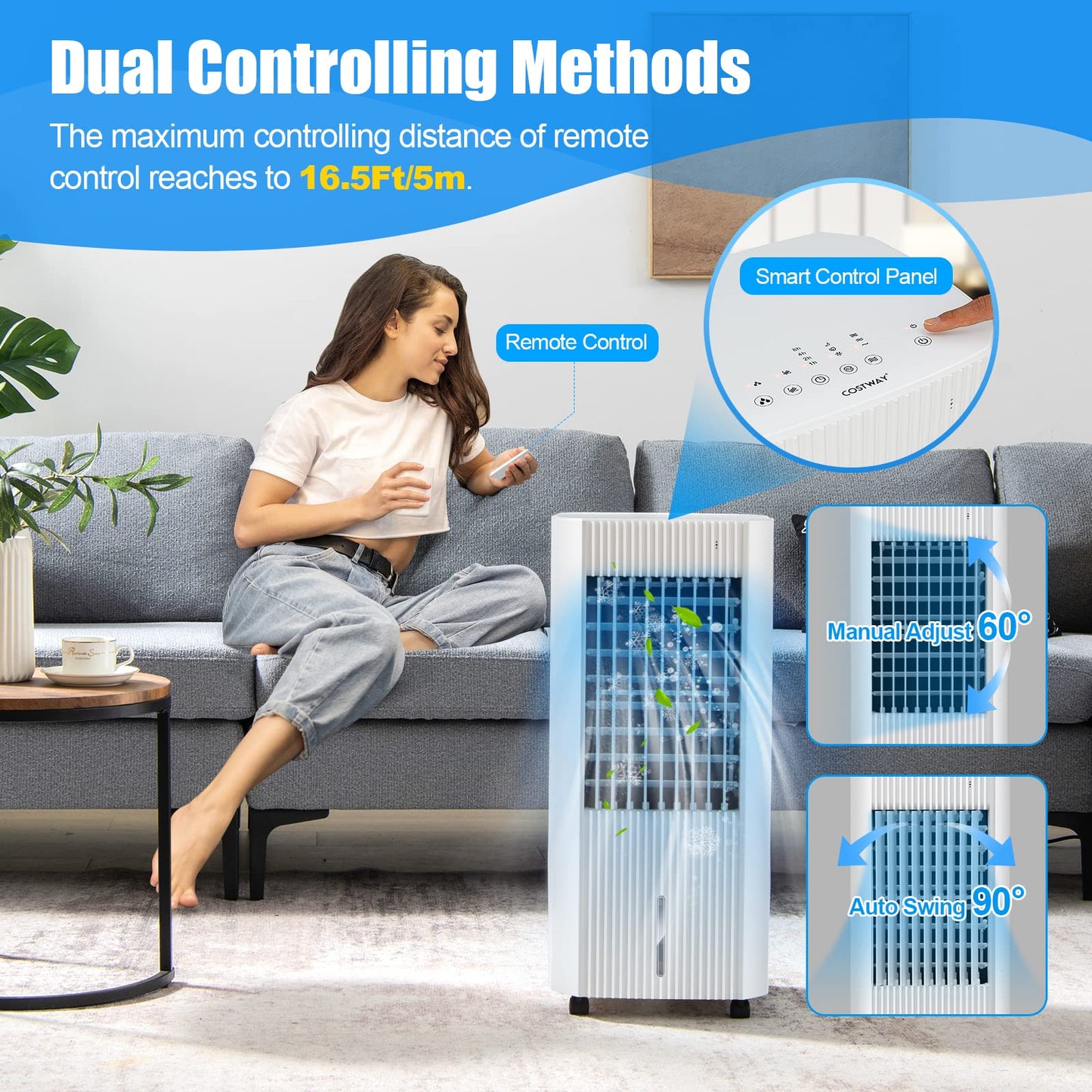 Evaporative Air Cooler, Portable Swamp Cooler with Remote Control, 2 Ice Packs, 15H Timer, 1.3 Gal Water Tank