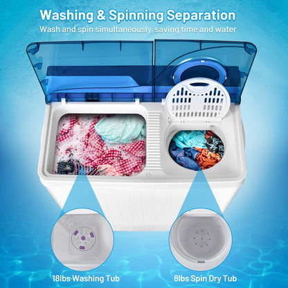 Washing Machine Semi-automatic, Twin Tub Washer with Spin Dryer, 26lbs Capacity, Built-in Drain Pump