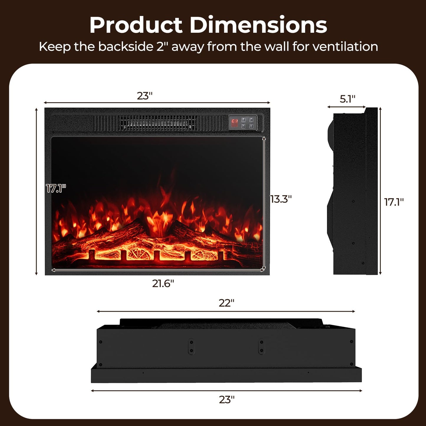 23 Inches Electric Fireplace Insert 750W/1500W Fireplace Heater with Remote Control