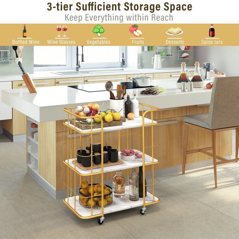 Gold Rolling Bar Cart 3-Tier Kitchen Utility Cart