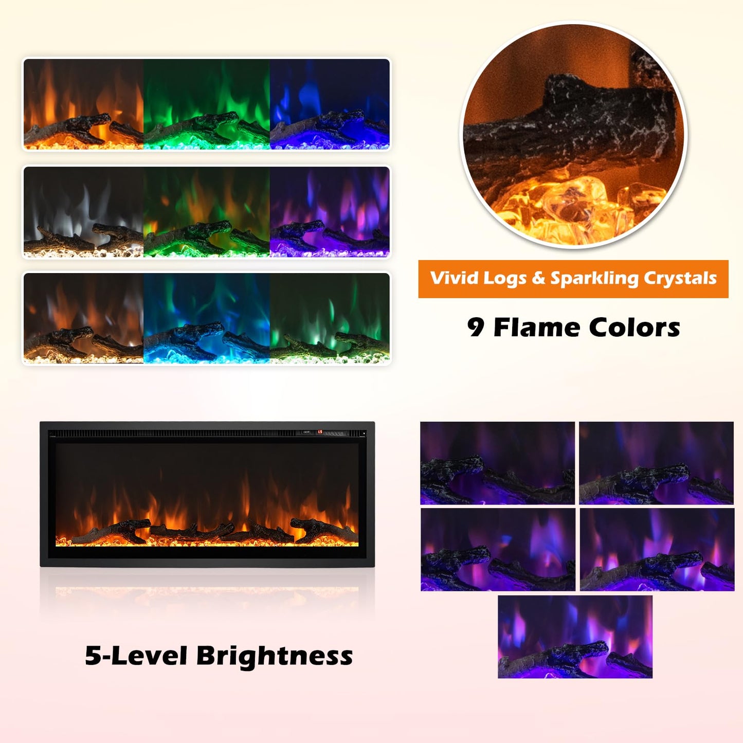 Electric Fireplace 42-Inch Wide, 9 Flame Color, 5-Level Brightness, 8H Timer, Thermostat