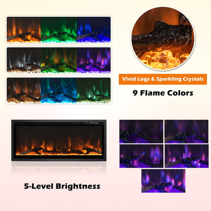 Electric Fireplace 42-Inch Wide, 9 Flame Color, 5-Level Brightness, 8H Timer, Thermostat