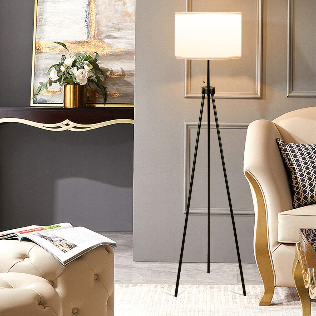 60.5" Metal Tripod Floor Lamp, Contemporary Minimalist Standing Floor Light with Iron Legs