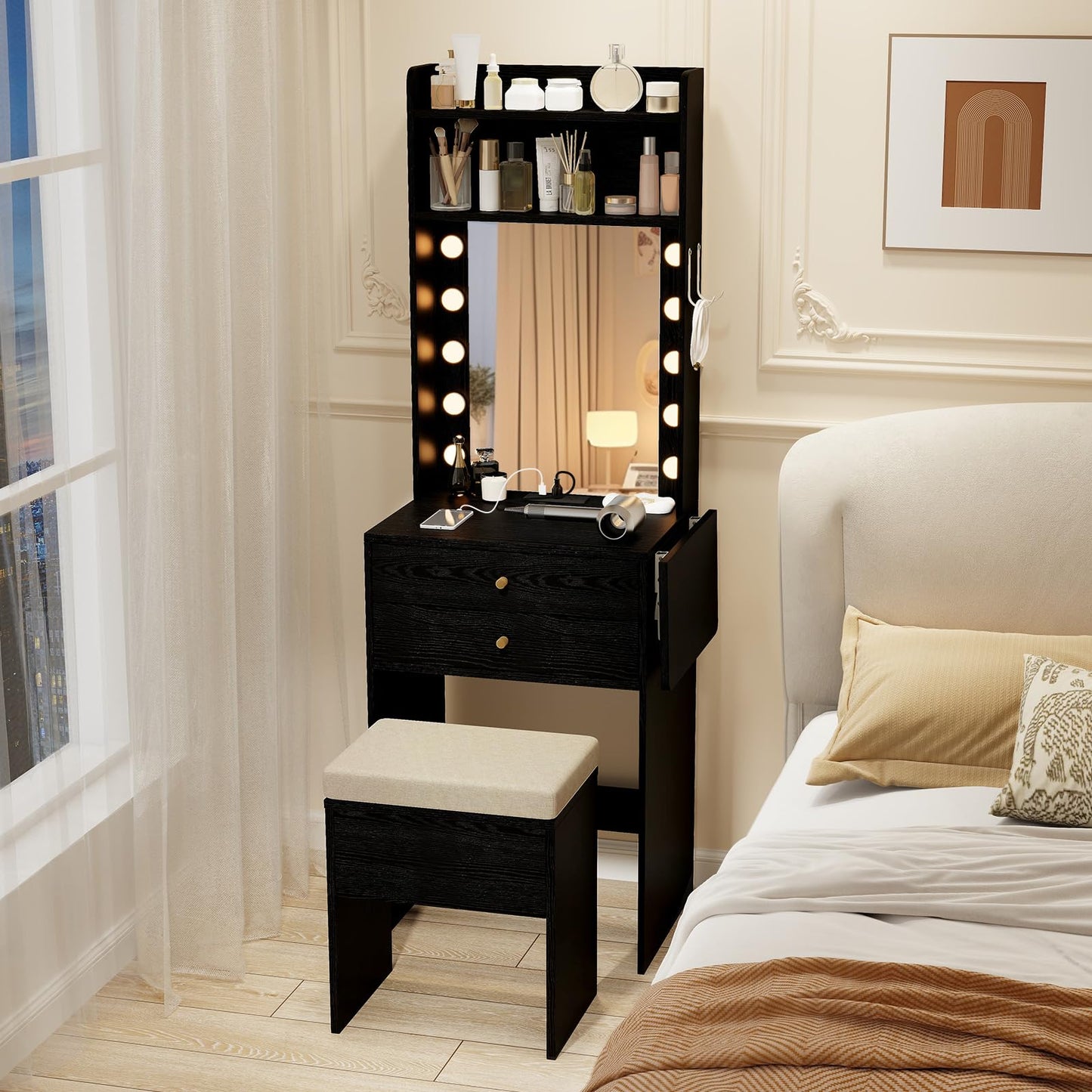 Vanity Desk with Mirror and Lights for Apartment