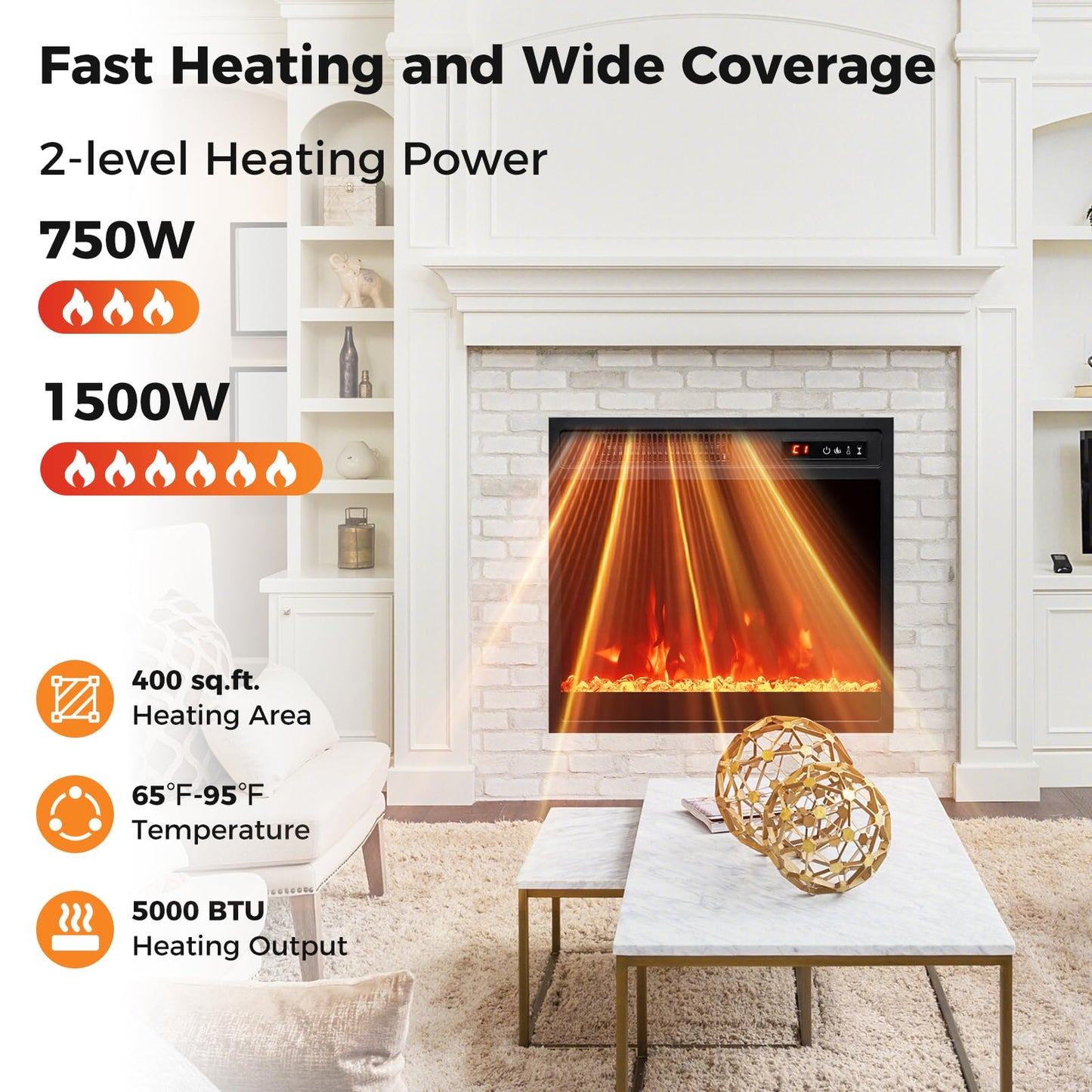 18 Inches Electric Fireplace 5,000 BTU Fireplace Insert w/Remote Control