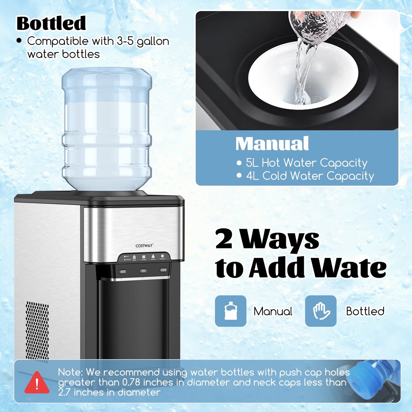 Water Dispenser with Ice Maker, 3-in-1 Countertop Hot/Cold Dispenser with Ice Machine