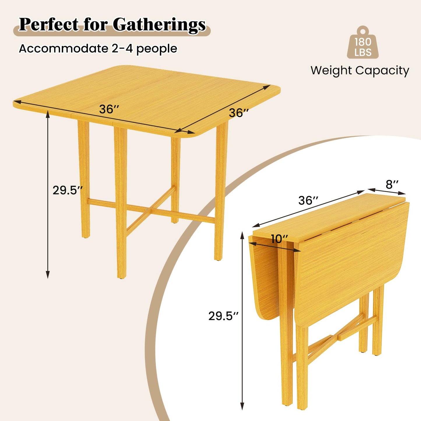 36" Compact Folding Kitchen Table for 2-4 People with Solid Rubber Wood Legs