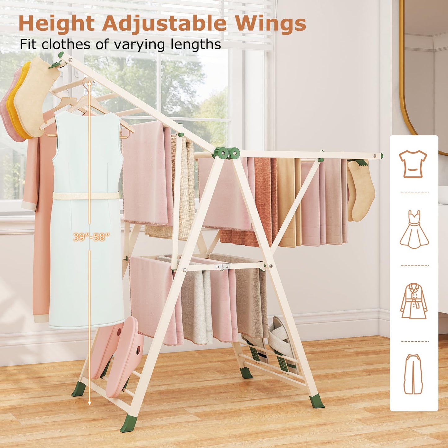 Foldable 2-Level Laundry Drying Rack with Adjustable Wings & 16 Drying Rails