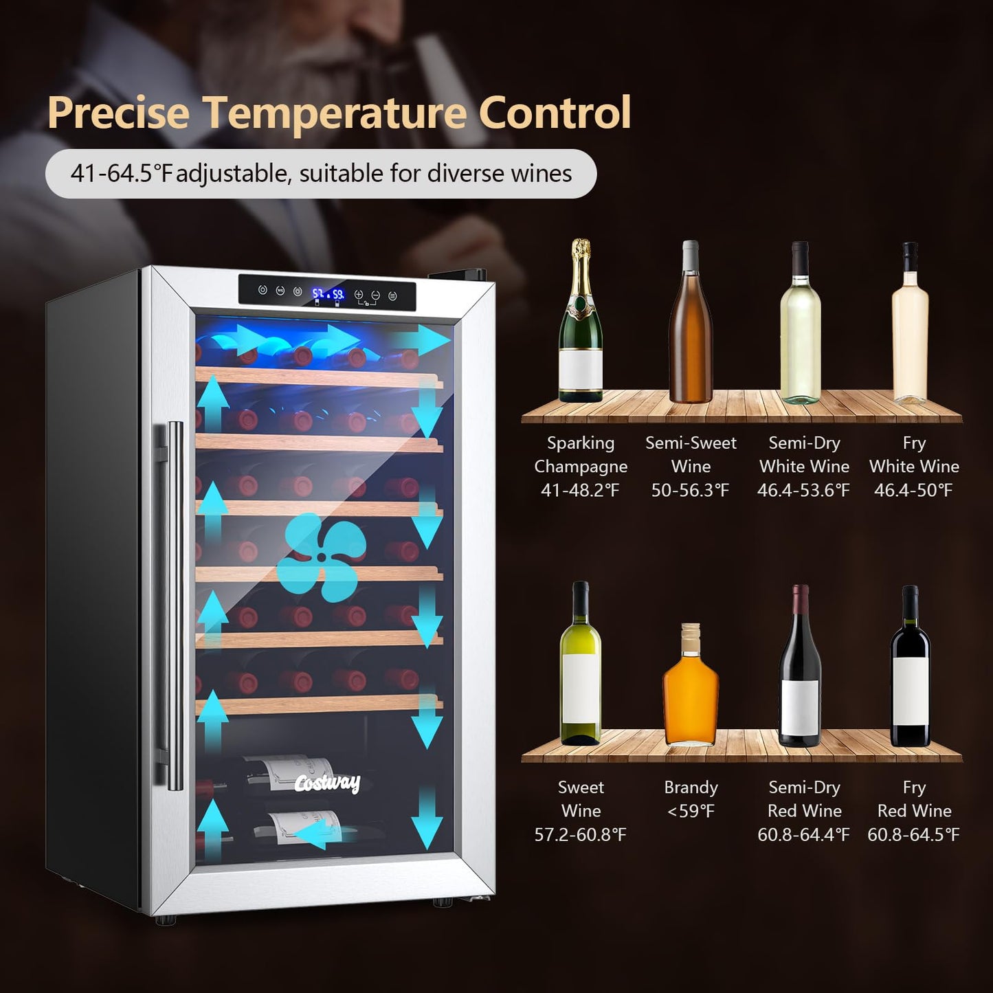 20 Inch Wine Cooler, 33 Bottles Wine Refrigerator with 2-Layer Tempered Glass Door & Dual Alarm Function