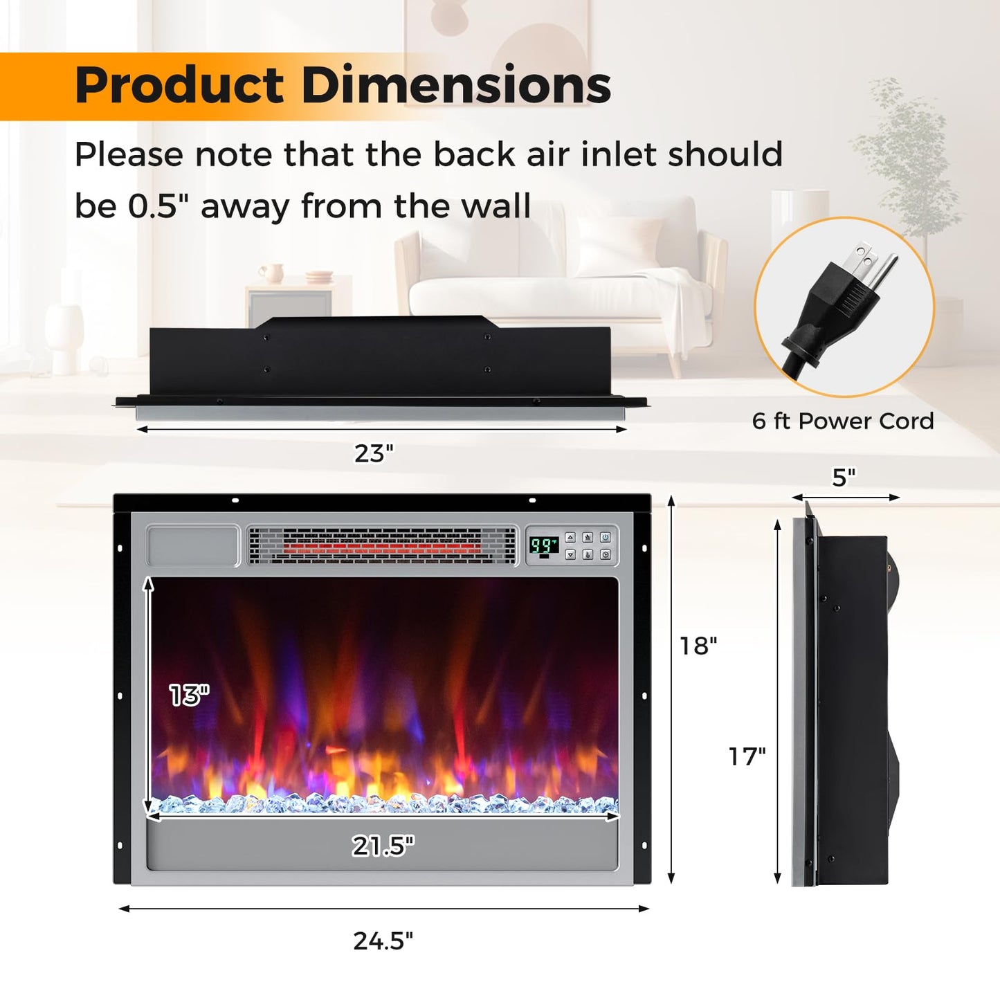 Electric Fireplace Inserts 23-inch Wide 1500W Recessed Fireplace Insert with Remote Control