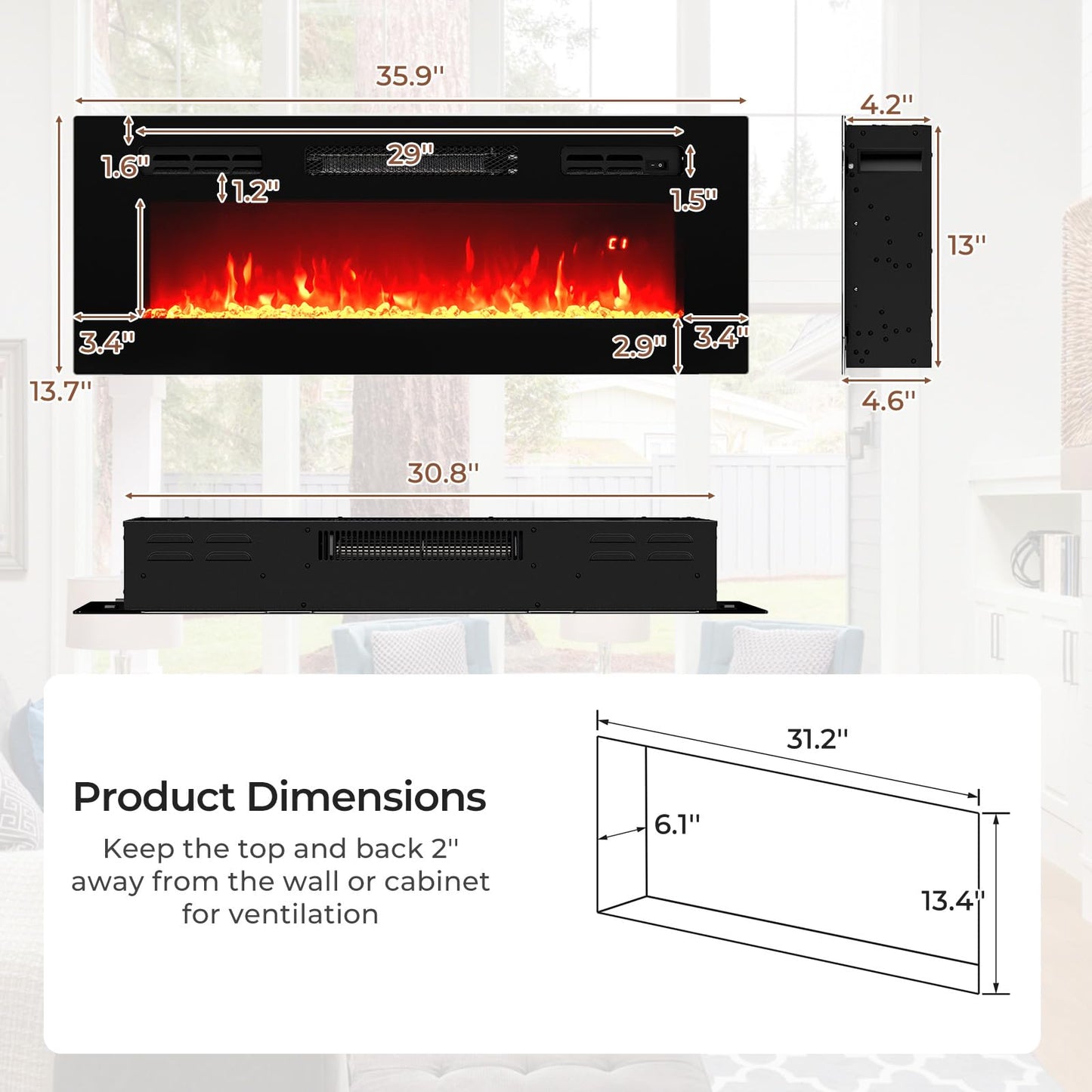 36 Inches Electric Fireplace Inserts w/LED Strip Lights