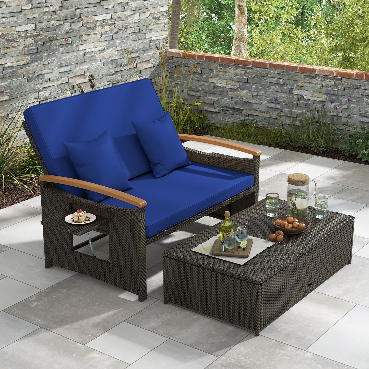 Outdoor Loveseat Sofa with Storage Ottoman for Yard