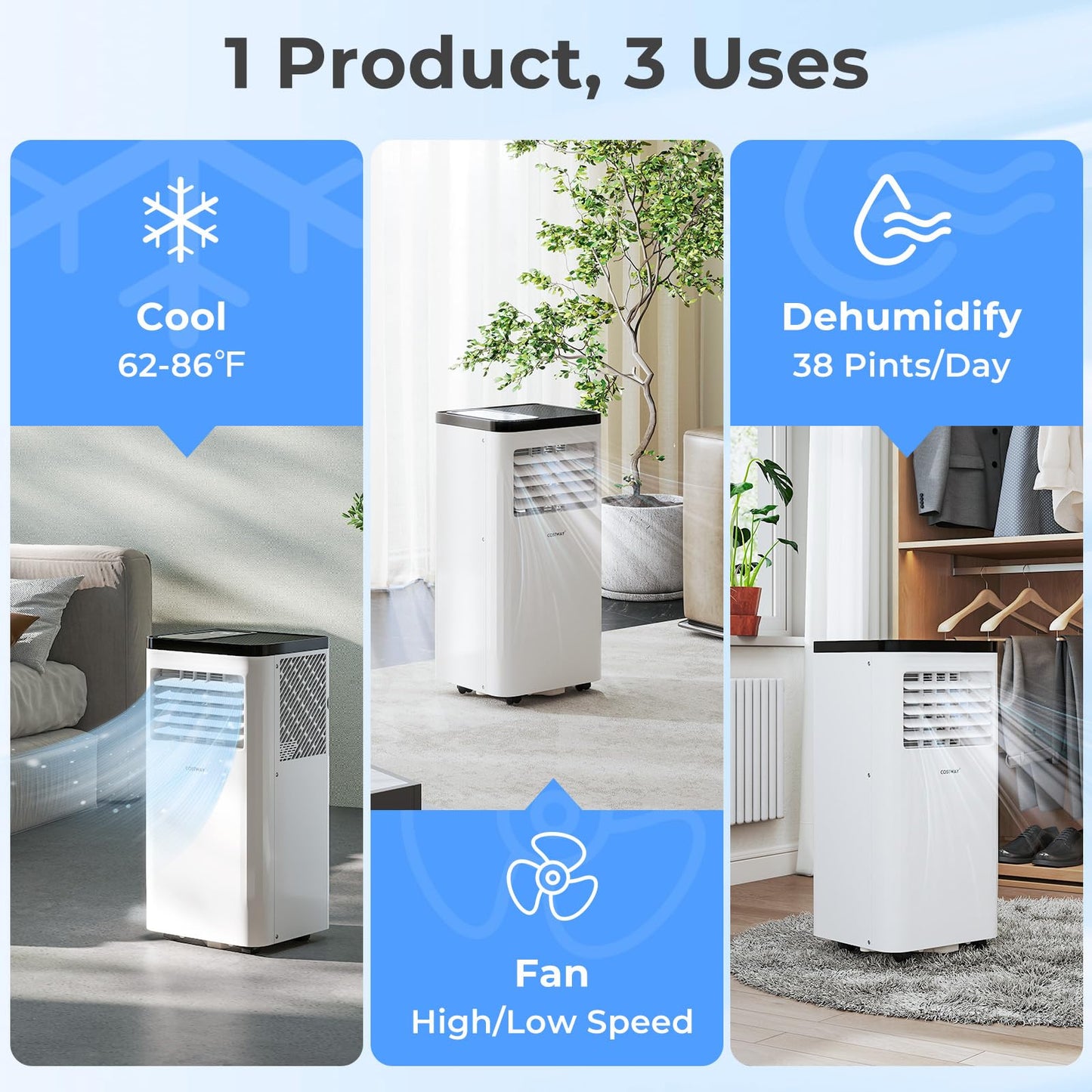8000 BTU Portable Air Conditioner 3 in 1 Floor AC Unit Fan and Dehumidifier for Room