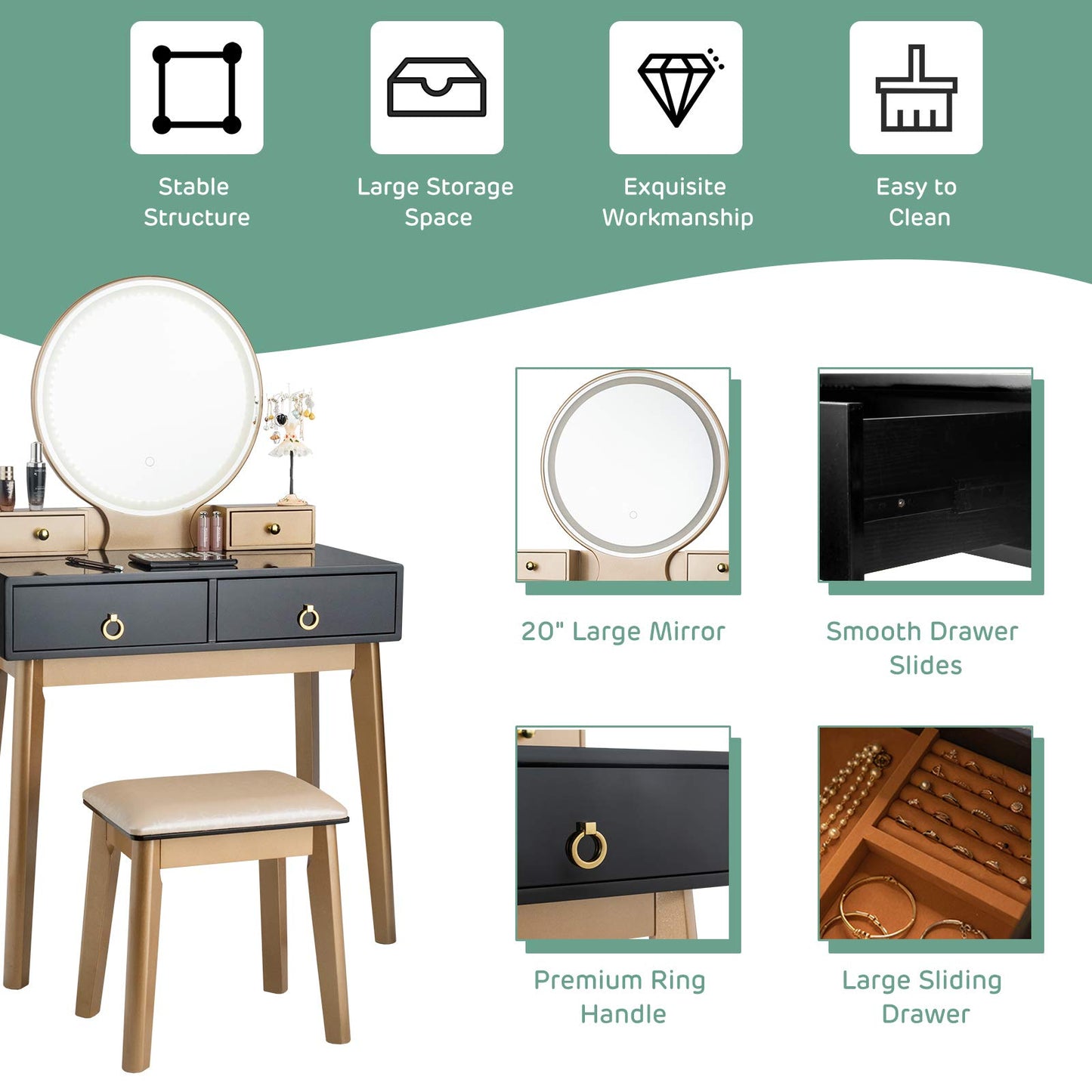 Vanity Table Set with LED Lighted Mirror for Women