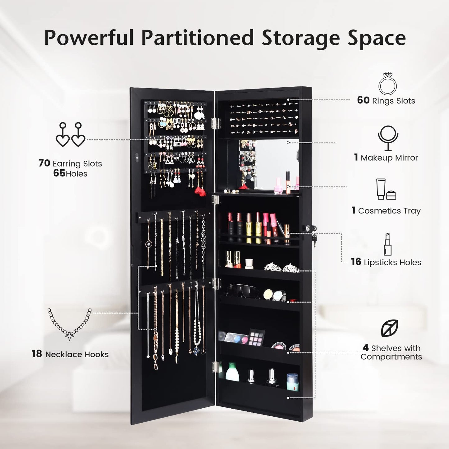 12 LEDs Mirror Jewelry Cabinet with 53.5” Full Length Mirror & Large Storage Capacity