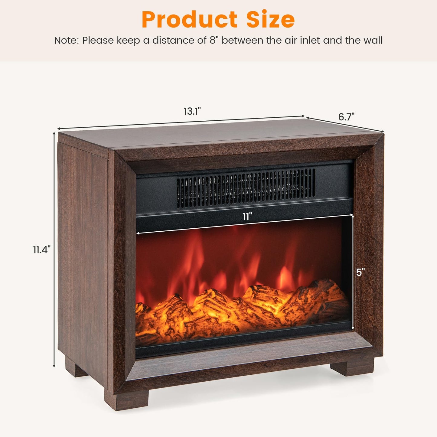 13’’ Electric Fireplace Heater, 750W Mini Tabletop Electric Fireplace Stove with Realistic Flame