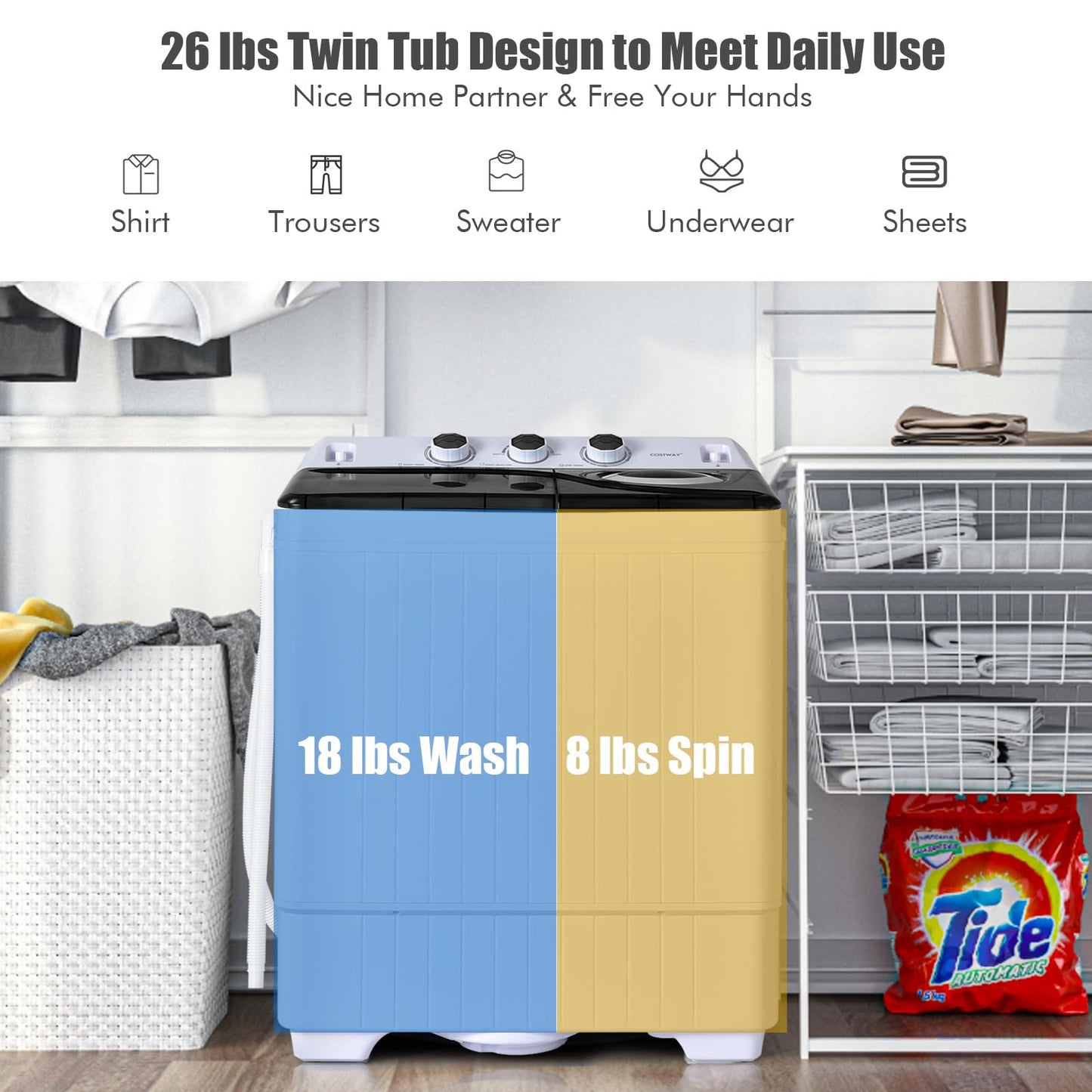Portable Washing Machine 2-in-1 Twin Tub 26lbs Capacity Laundry Washer(18lbs) and Spinner(8lbs) with Control Knobs