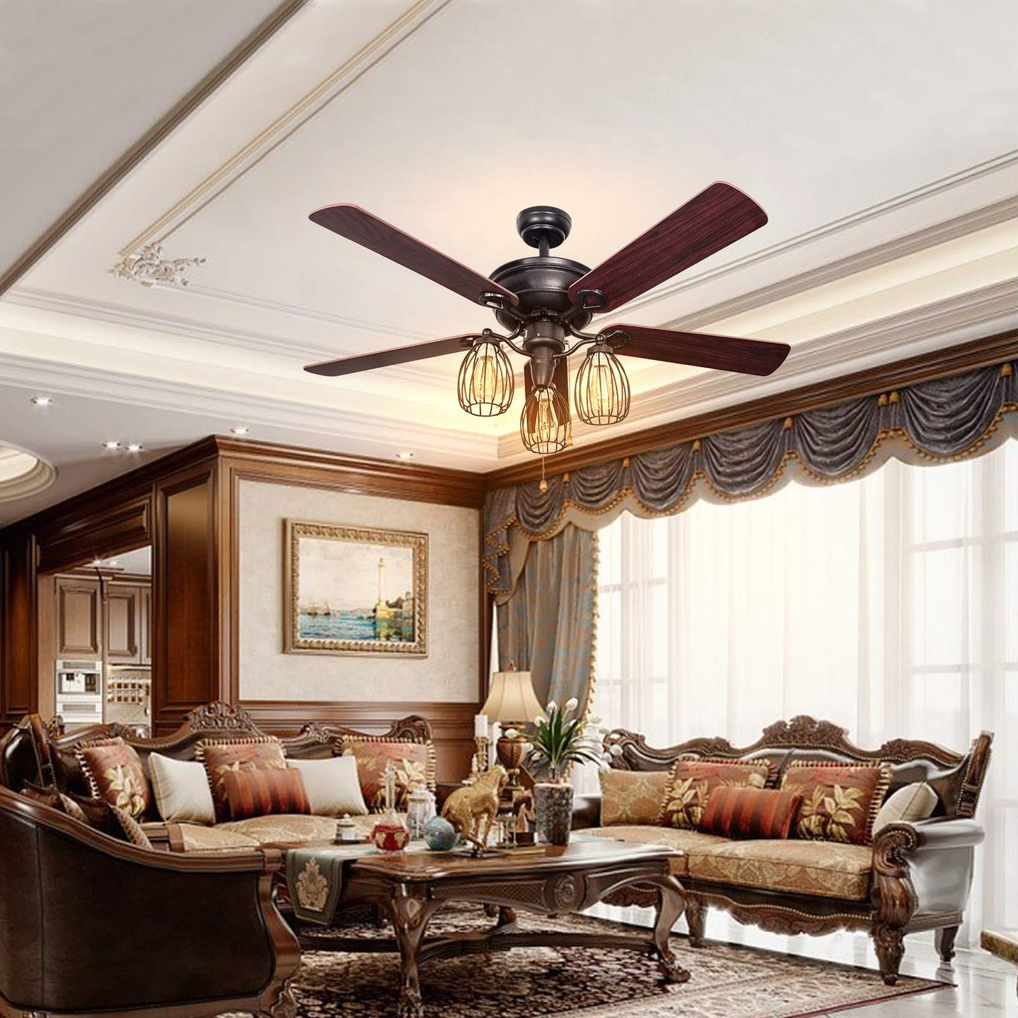 52-Inch Ceiling Fan with Lights, Industrial Ceiling Fan w/ 5 Iron Blades & 3 Cage Lights