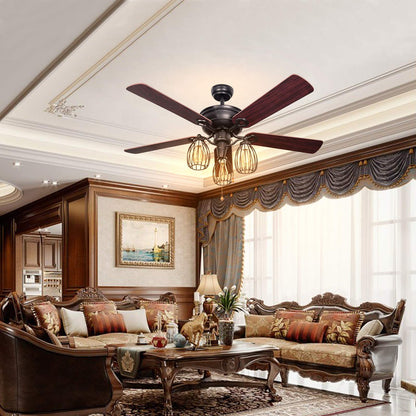 52-Inch Ceiling Fan with Lights, Industrial Ceiling Fan w/ 5 Iron Blades & 3 Cage Lights