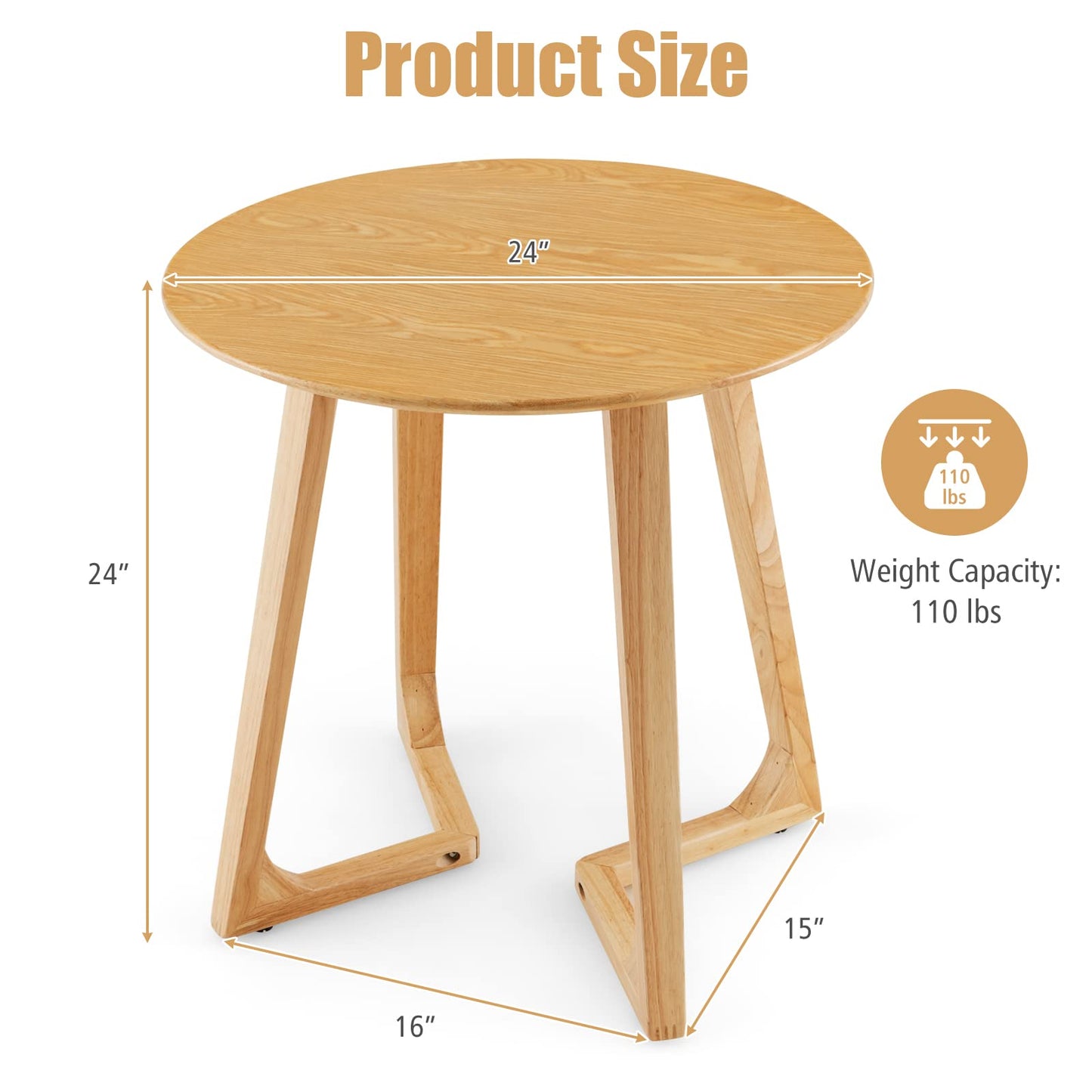 24” Round Side Table Solid Rubber Wood End Table Compact Tea Table Beside Sofa or Bed