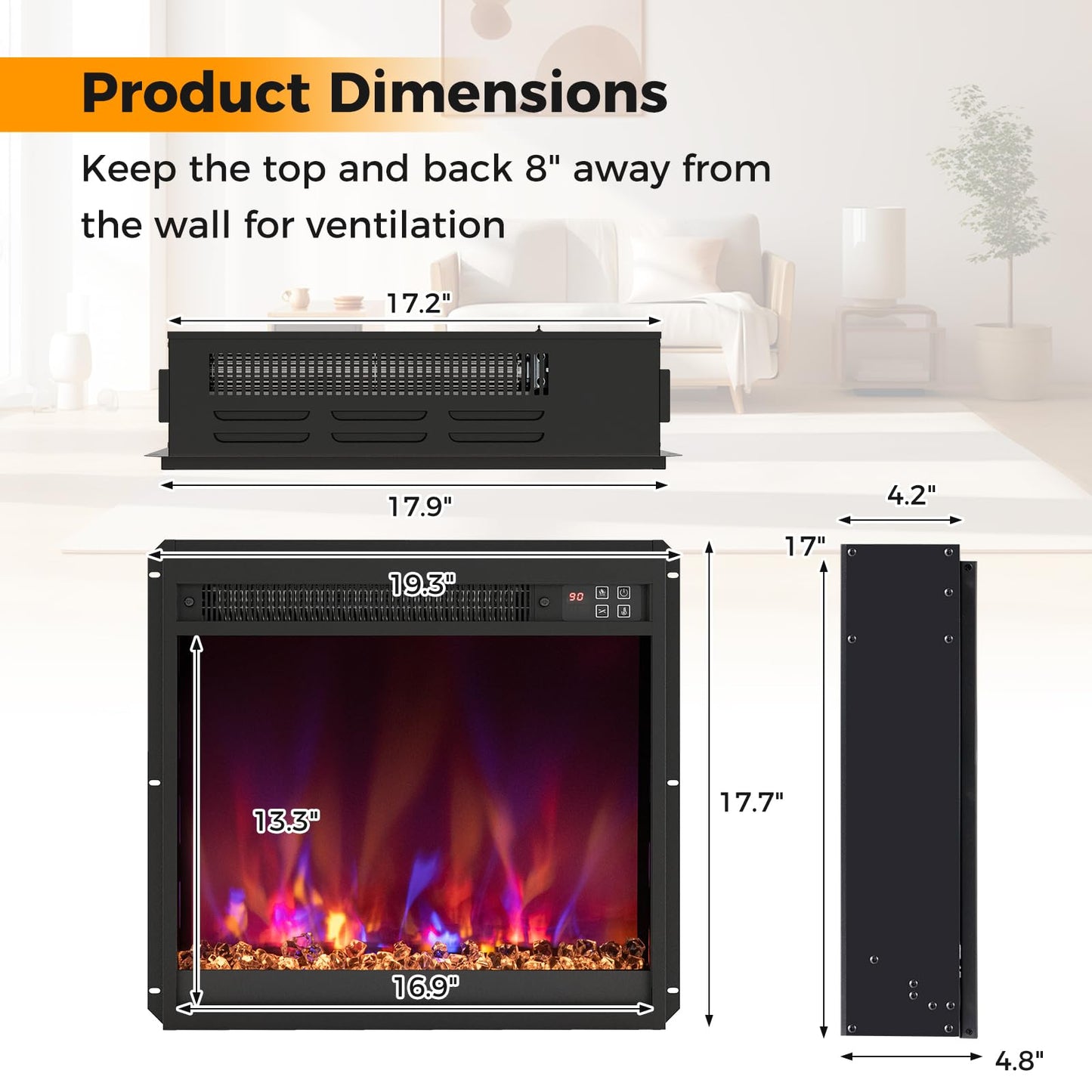 18 Inch Recessed Fireplace Heater Electric Fireplace Insert w/Multi-Color Flame & Crystal Ember Bed