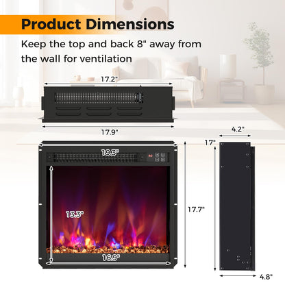 18 Inch Recessed Fireplace Heater Electric Fireplace Insert w/Multi-Color Flame & Crystal Ember Bed