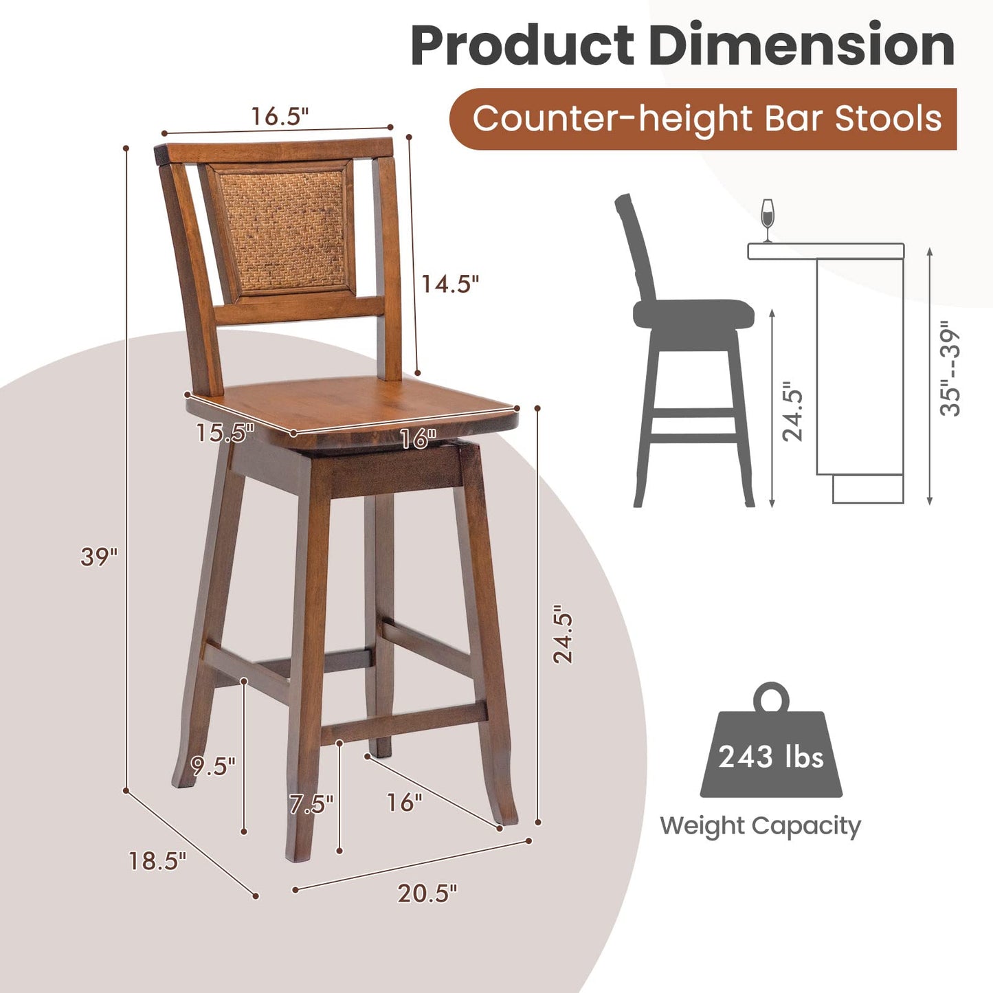 Bar Stools Set of 2/4 24.5 Inch Counter Height Bar Stool