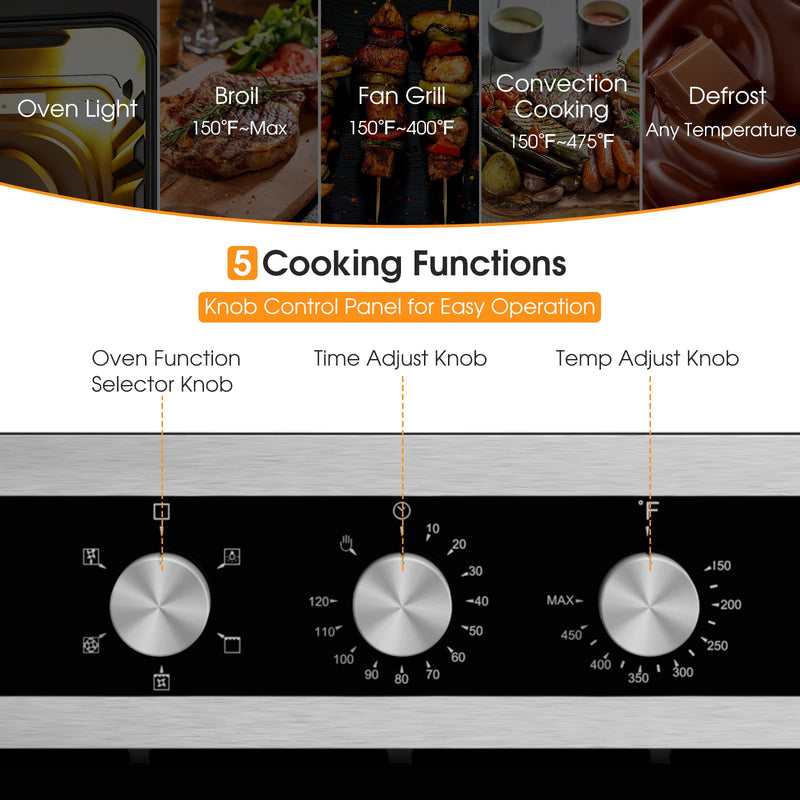 24" Single Wall Oven, Electric Built-in Wall Oven with 2.47 Cu. Ft. Capacity, 5 Cooking Functions