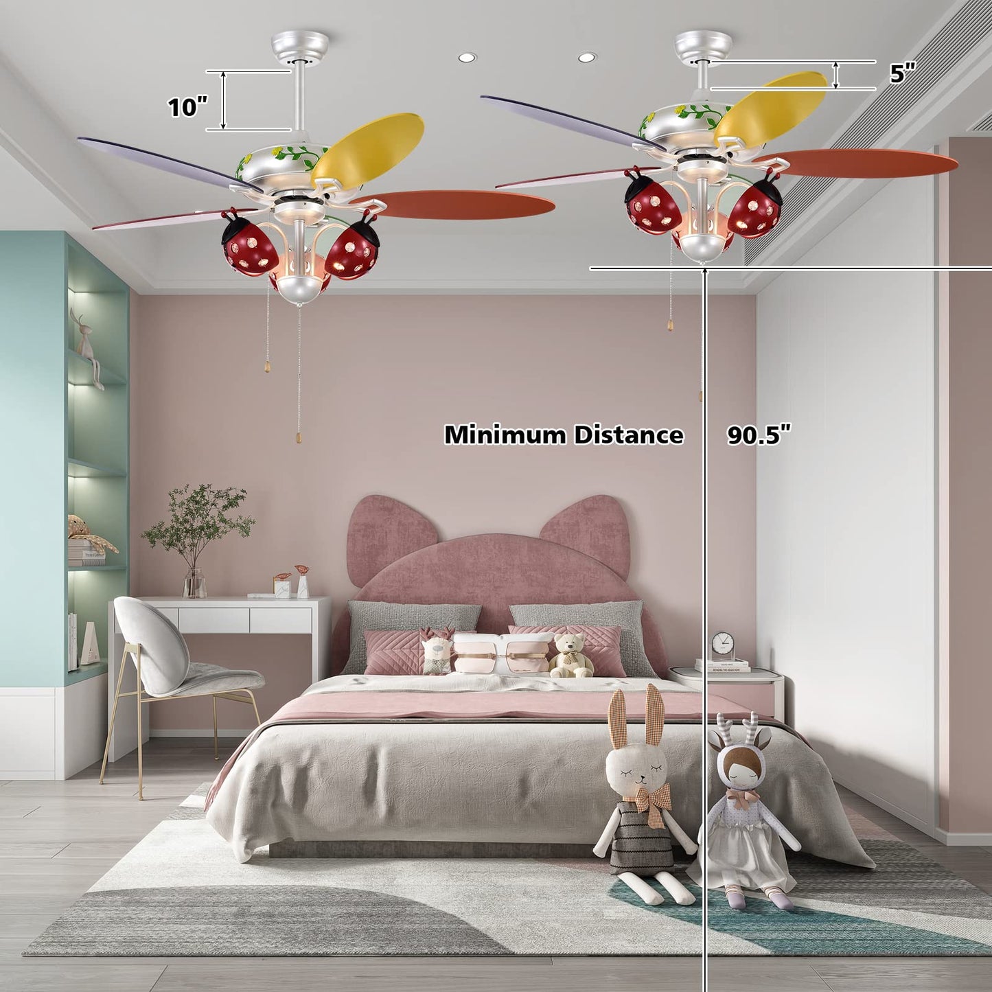 52" Ceiling Fan with Pull Chain Control, Kids Fan Light with 5 Colorful Blades and 3-Speed