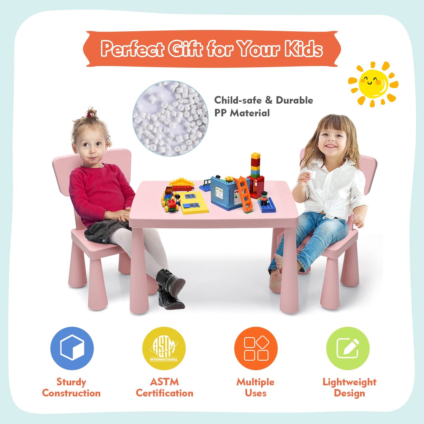 3 Piece Kids Table and Chairs Set for Ages 1-7