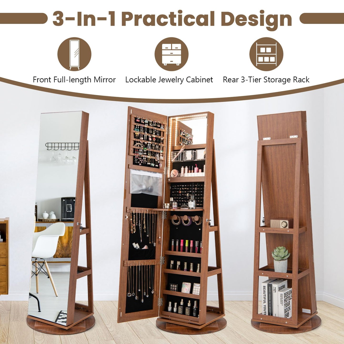 360° Rotating Mirrored Jewelry Cabinet Armoire 3 Color LED Modes Lockable