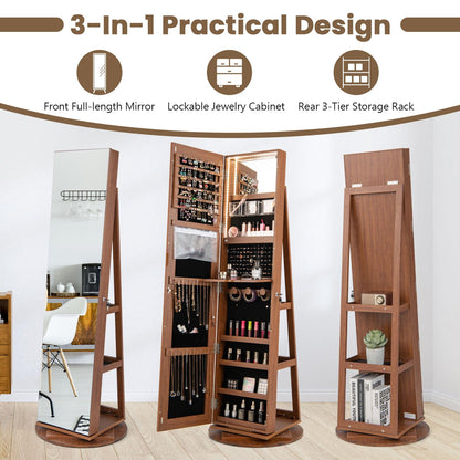 360° Rotating Mirrored Jewelry Cabinet Armoire 3 Color LED Modes Lockable