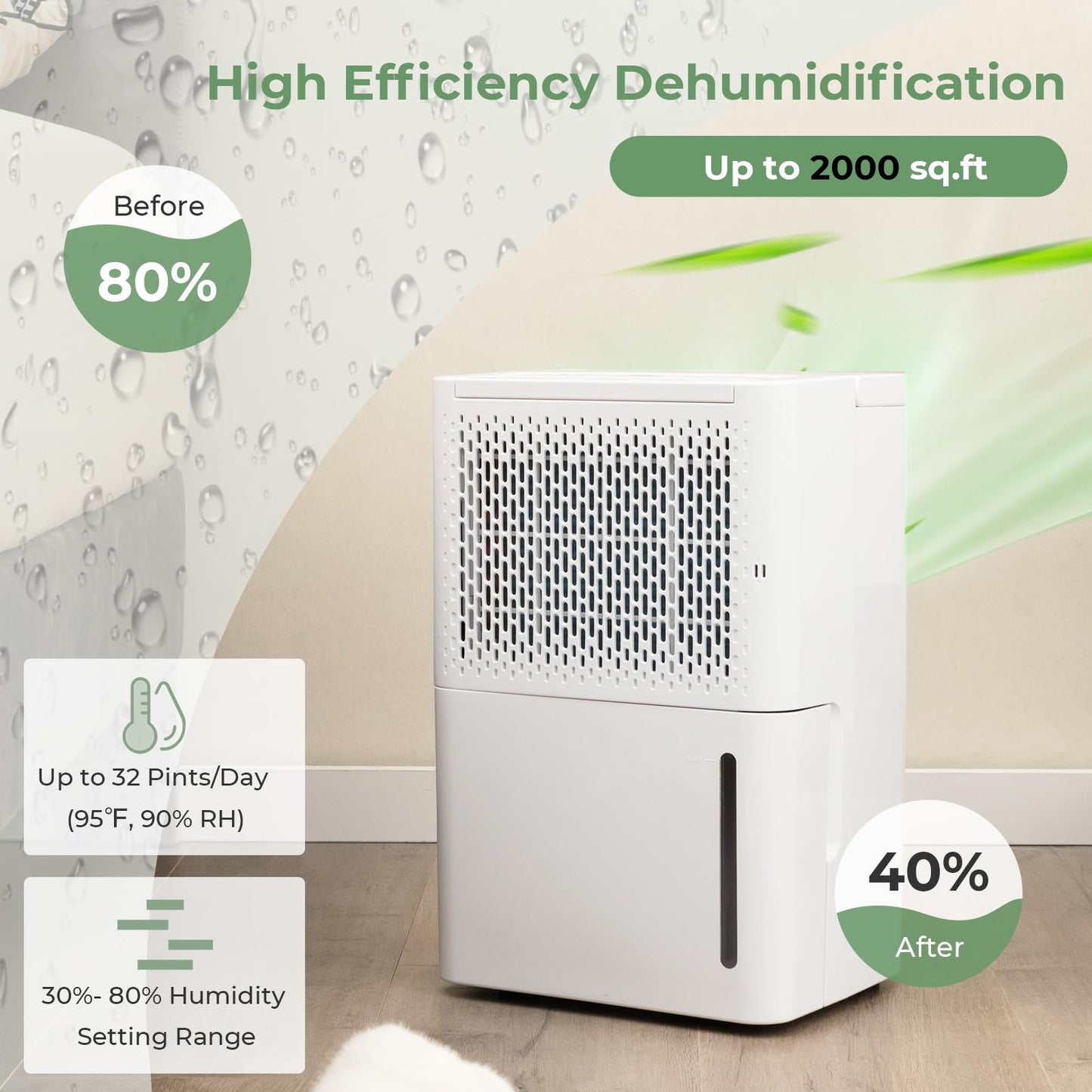 Dehumidifier for Basement, 2000 Sq. Ft 32 Pint Quiet & Energy Efficient Dehumidifier w/Continuous/Drying/Auto Mode