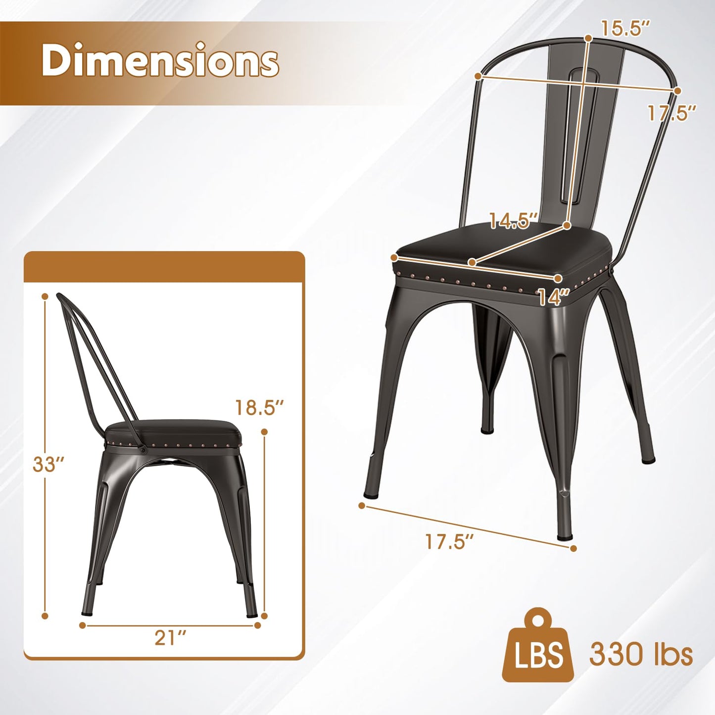 18.5 Inch Stackable Industrial Kitchen Tolix Side Chairs with PU Leather Cushions and Detachable High Back for Dining Room